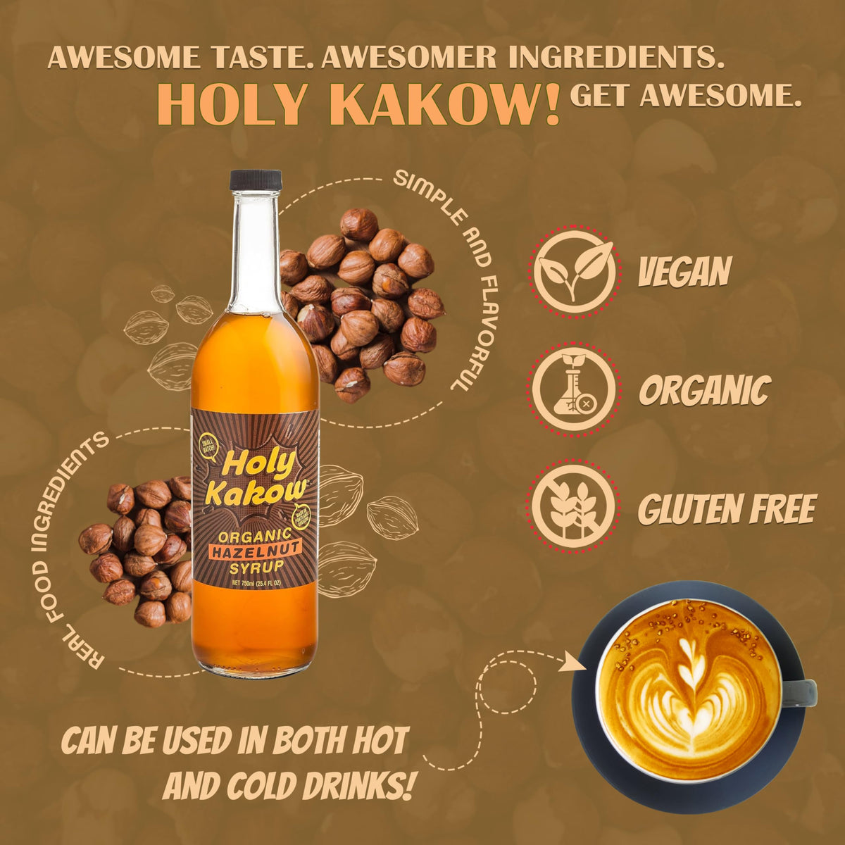 Holy Kakow Cafe Organic Hazelnut Syrup - Organic Hazelnut Coffee Syrup for Coffee, Latte, Cocktails | 750ml