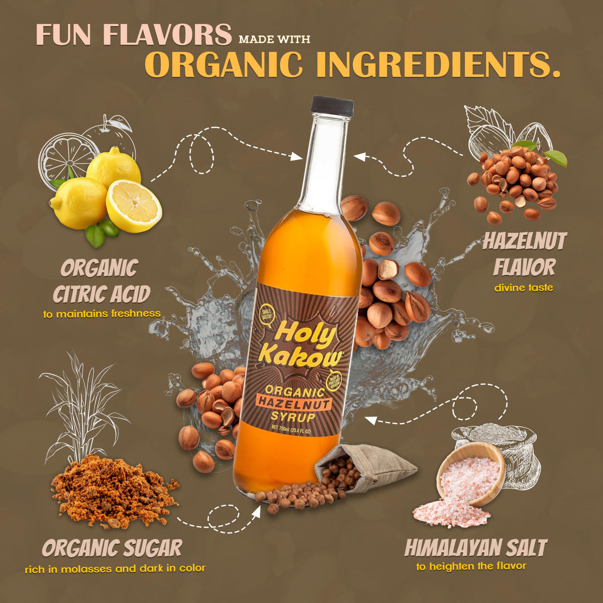 Holy Kakow Cafe Organic Hazelnut Syrup - Organic Hazelnut Coffee Syrup for Coffee, Latte, Cocktails | 750ml