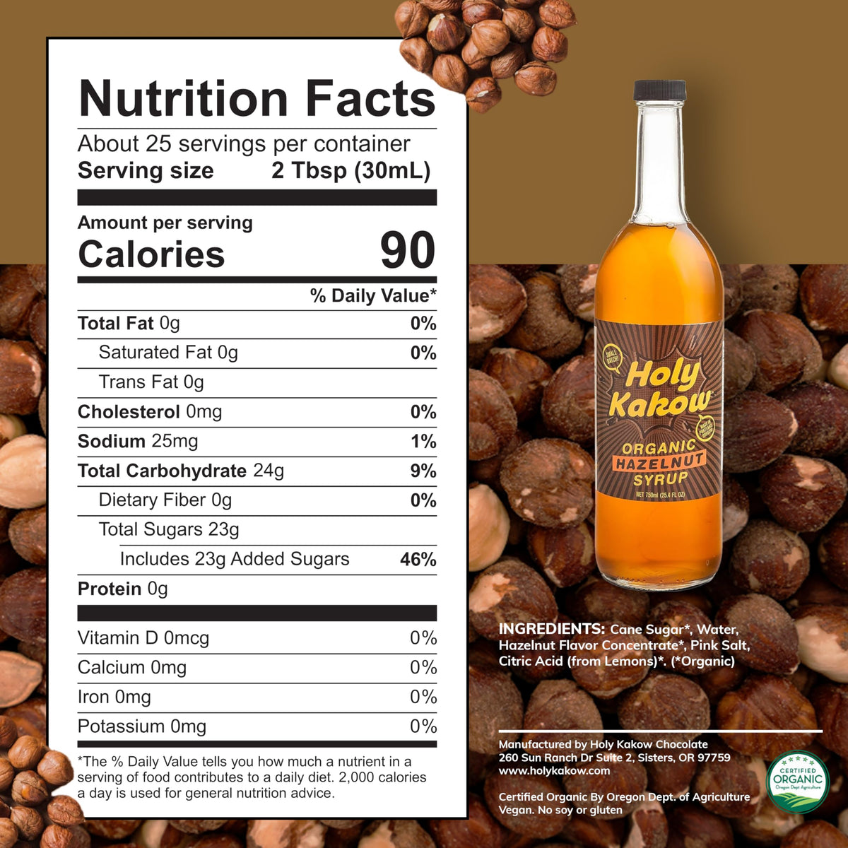 Holy Kakow Cafe Organic Hazelnut Syrup - Organic Hazelnut Coffee Syrup for Coffee, Latte, Cocktails | 750ml