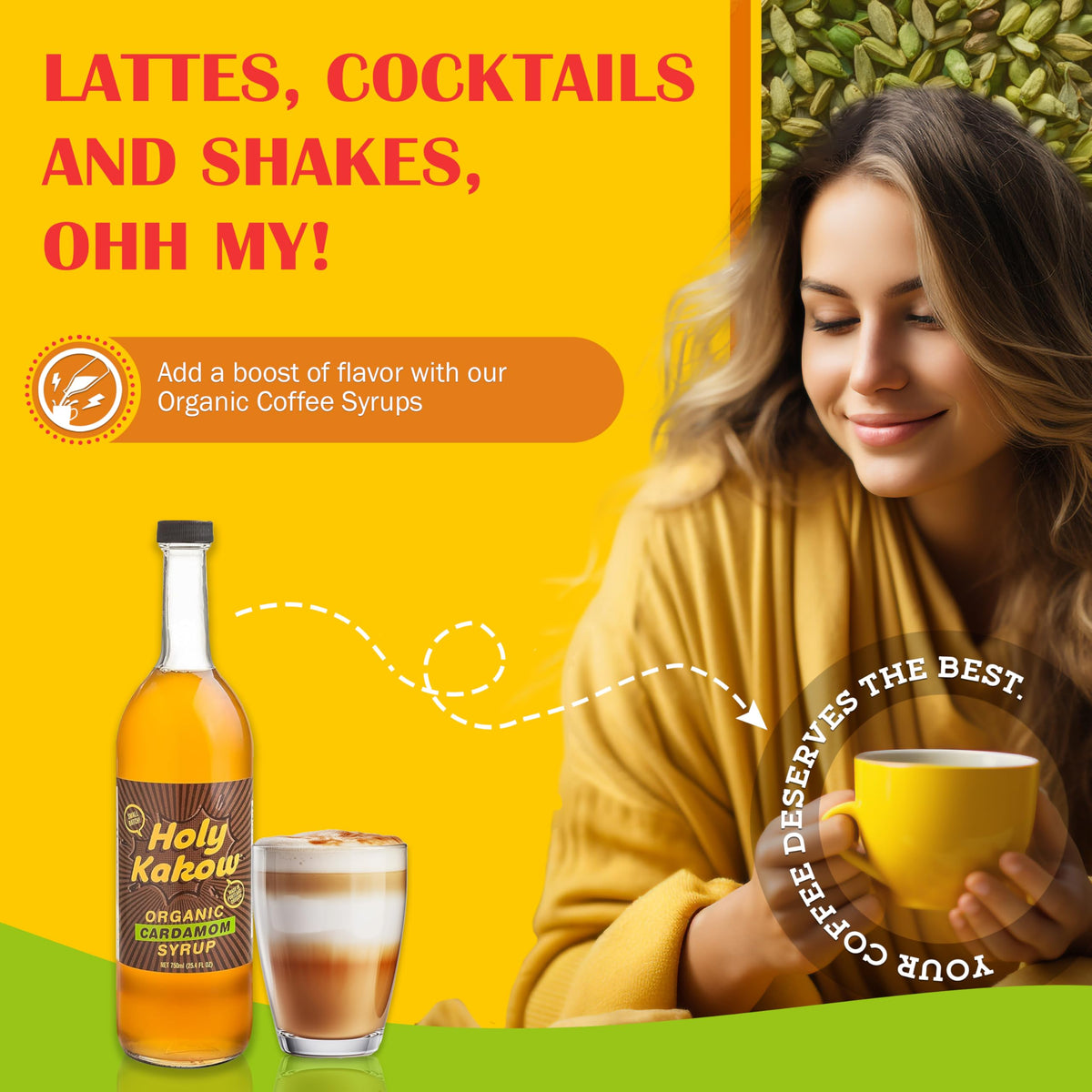 Holy Kakow Cafe Organic Cardamom Syrup – Real Food Cardamom Syrup for Coffee, Lattes & Cocktails | 750ml