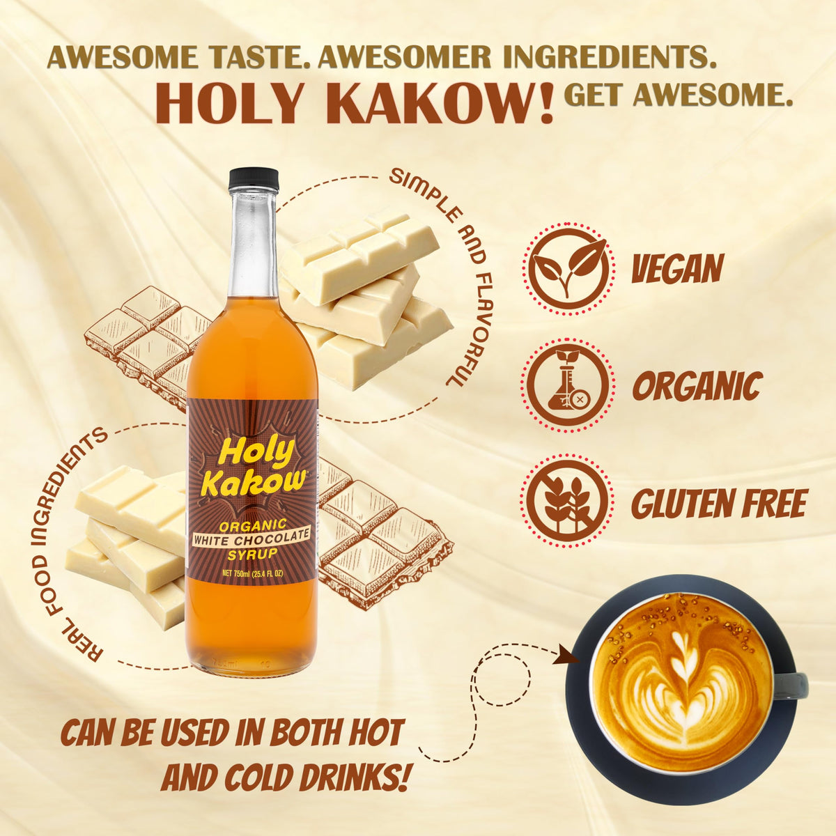 Holy Kakow Organic White Chocolate Syrup – 750ml for Coffee, Cocktails & Desserts