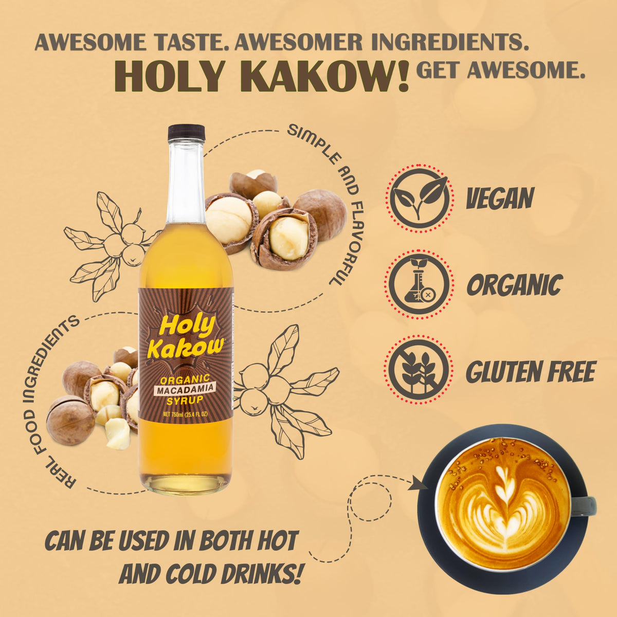 Holy Kakow Cafe Organic Macadamia Syrup - Macadamia Coffee Syrup 750ml