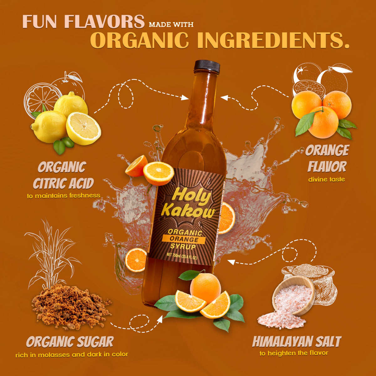 Holy Kakow Cafe Organic Orange Syrup - Real Food Orange Syrup for Coffee, Lattes & Cocktails | 750ml