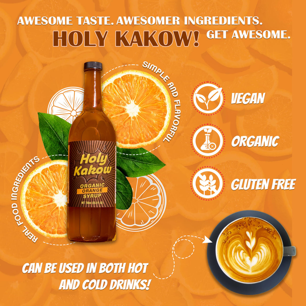 Holy Kakow Cafe Organic Orange Syrup - Real Food Orange Syrup for Coffee, Lattes & Cocktails | 750ml