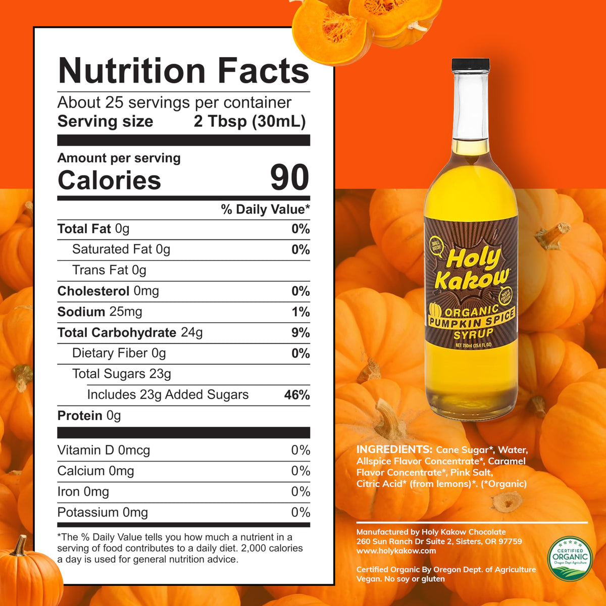 Holy Kakow Cafe Organic Orange Syrup - Real Food Orange Syrup for Coffee, Lattes & Cocktails | 750ml