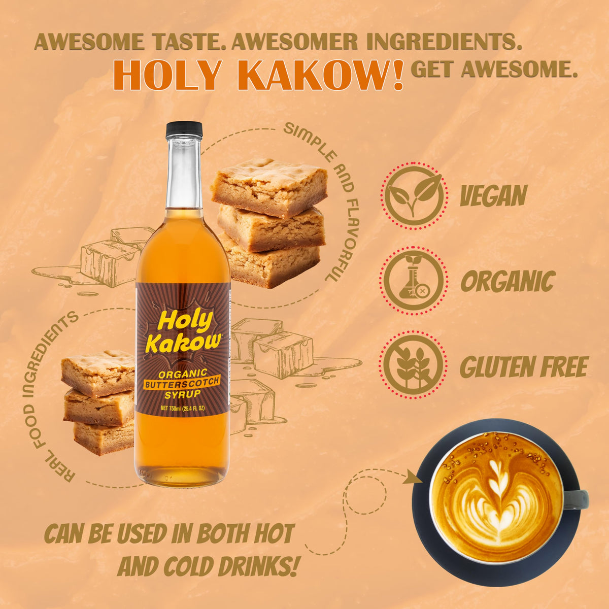 Holy Kakow Organic Butterscotch Syrup - Coffee Syrup, All-Natural, Non-GMO, 750 ml