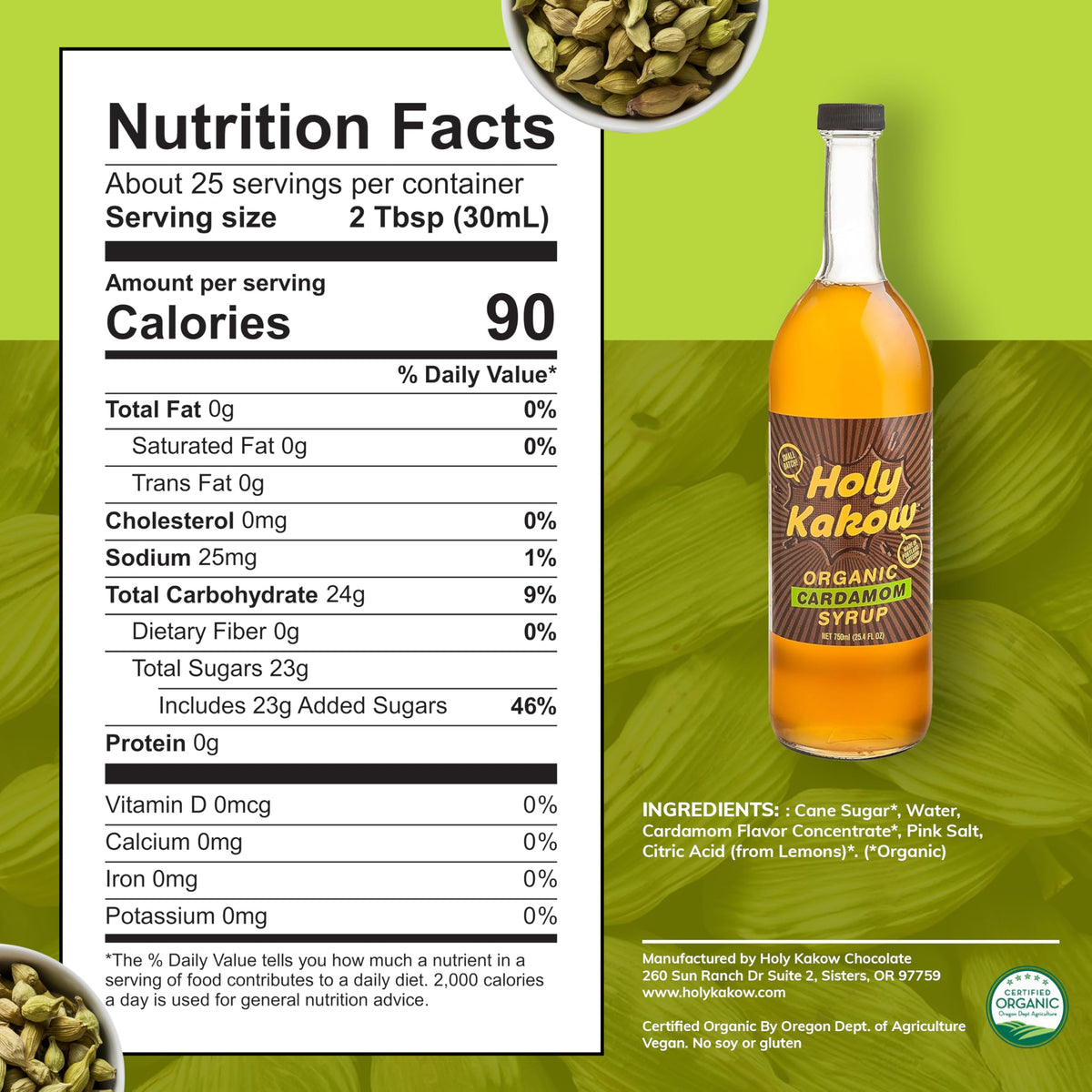 Holy Kakow Cafe Organic Cardamom Syrup – Real Food Cardamom Syrup for Coffee, Lattes & Cocktails | 750ml