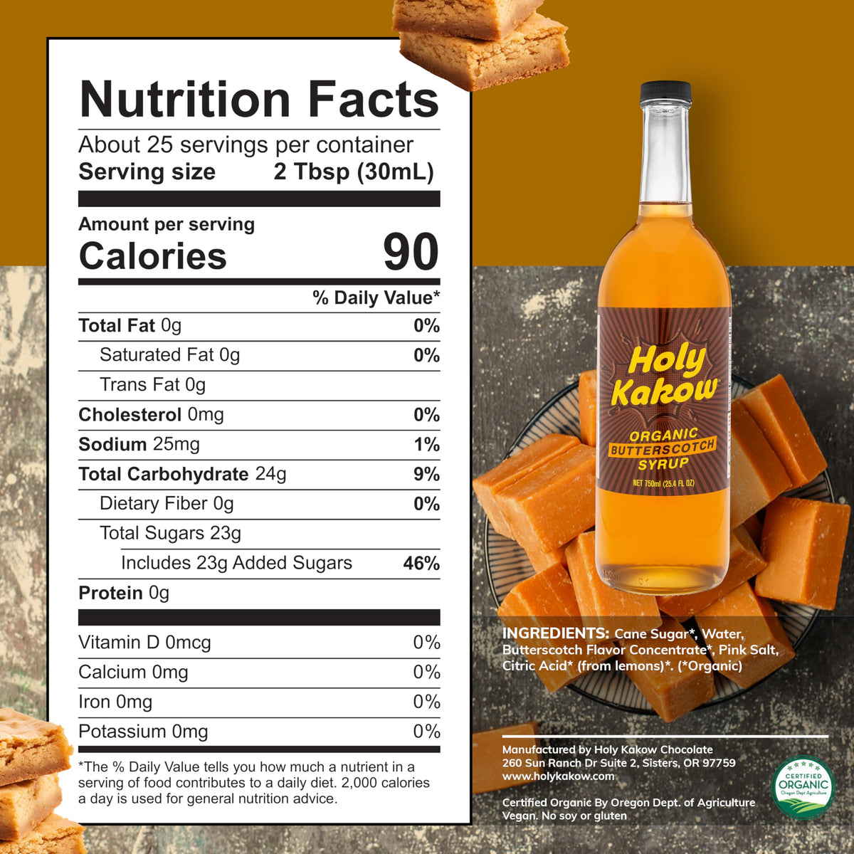 Holy Kakow Organic Butterscotch Syrup - Coffee Syrup, All-Natural, Non-GMO, 750 ml