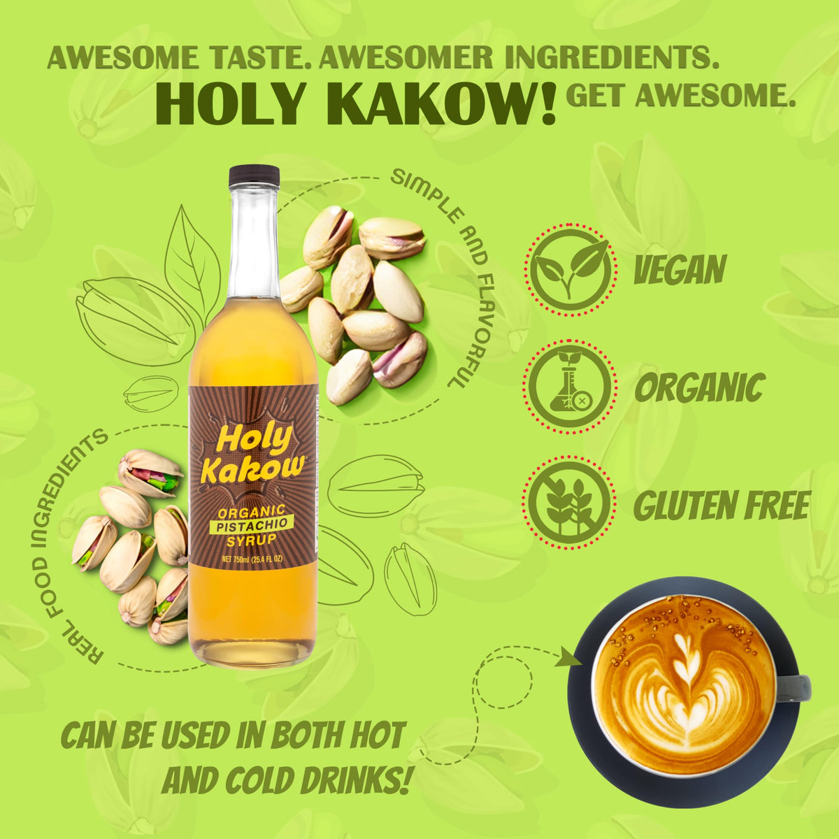 Holy Kakow Cafe Organic Pistachio Syrup – Pistachio Coffee Syrup for Lattes & More (750ml)