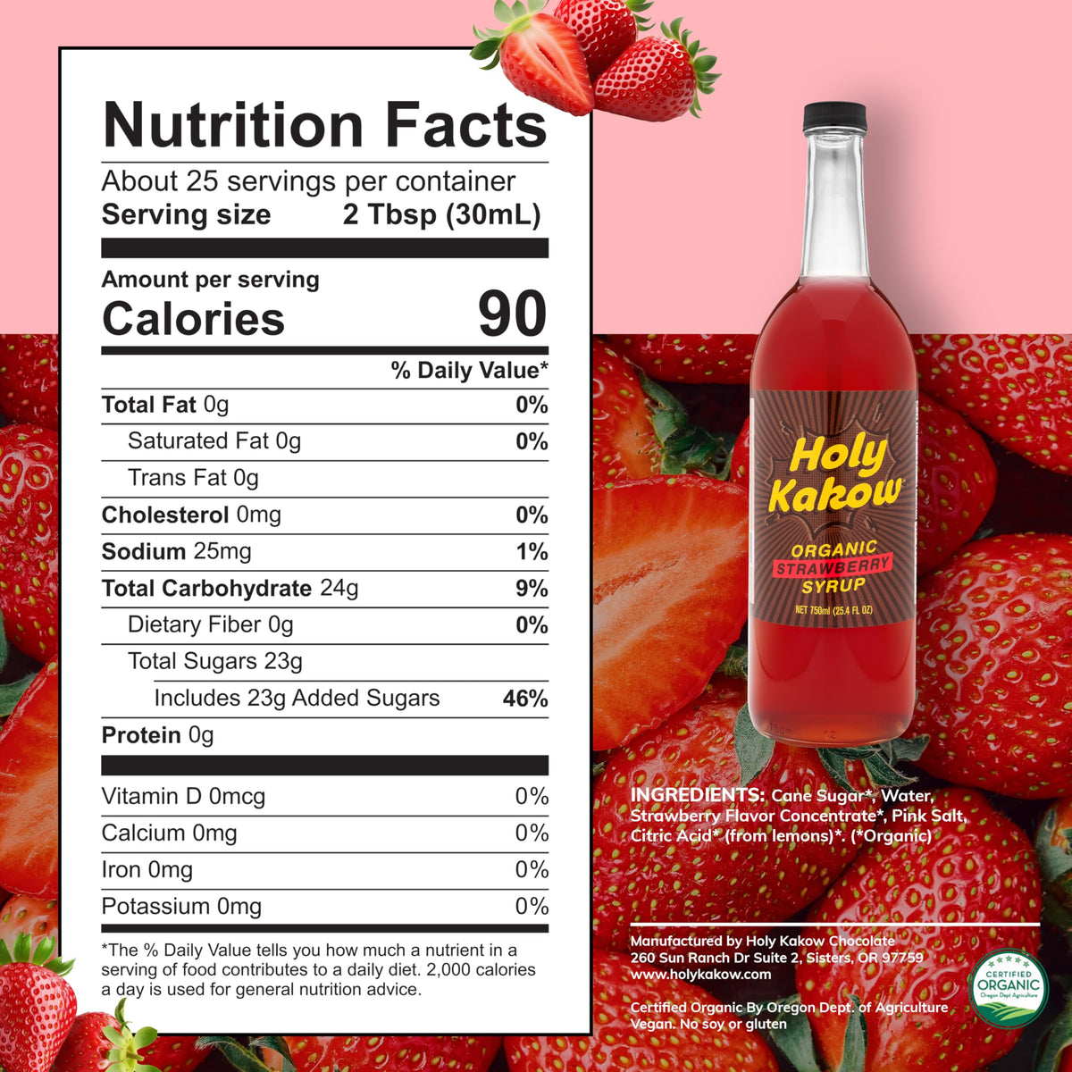 Holy Kakow Organic Strawberry Syrup | Gluten-Free, Vegan, Non-GMO, 750 ml