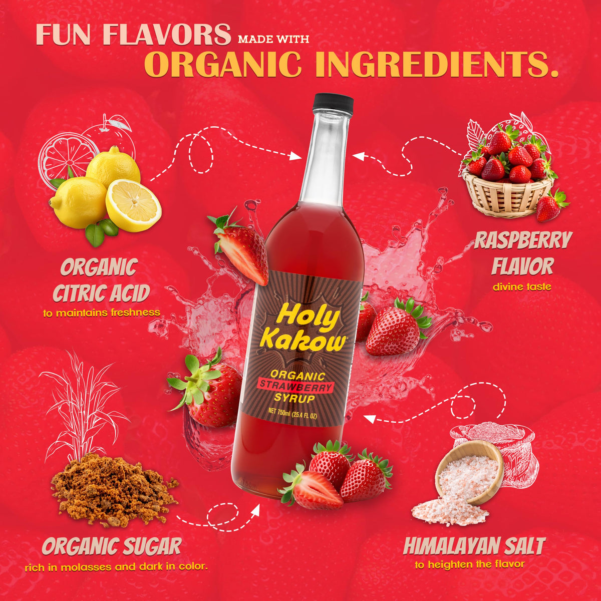 Holy Kakow Organic Strawberry Syrup | Gluten-Free, Vegan, Non-GMO, 750 ml