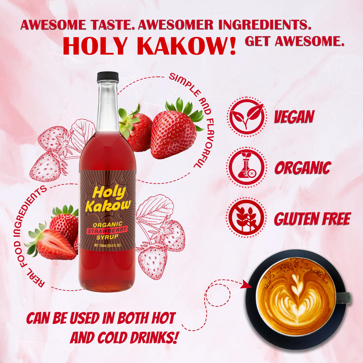 Holy Kakow Organic Strawberry Syrup | Gluten-Free, Vegan, Non-GMO, 750 ml