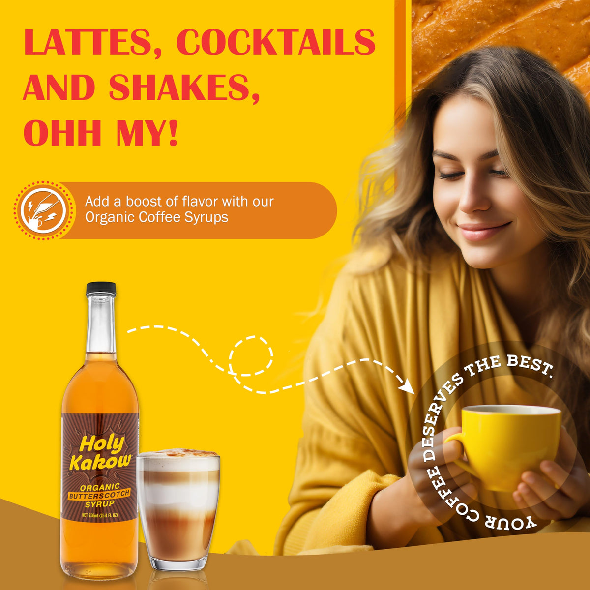 Holy Kakow Organic Butterscotch Syrup - Coffee Syrup, All-Natural, Non-GMO, 750 ml