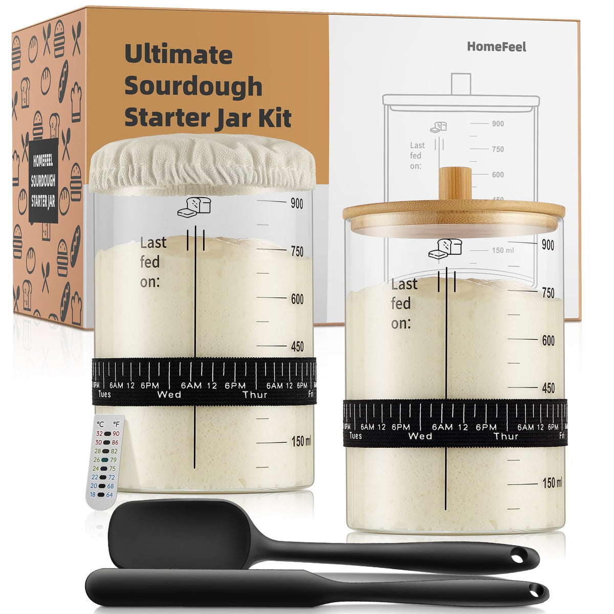 HomeFeel Premium Sourdough Starter Jar – 34 Oz Glass Kit with Bamboo Lid, Cloth Cover & Accessories (2 Pack)