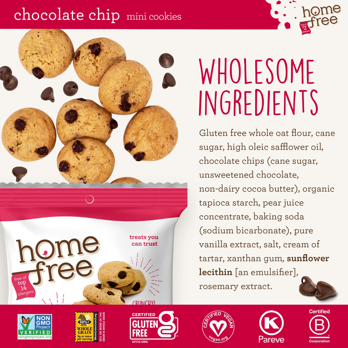 Homefree Gluten-Free Mini Chocolate Chip Cookies — 10 Pack, Single-Serve 1.1 oz Each