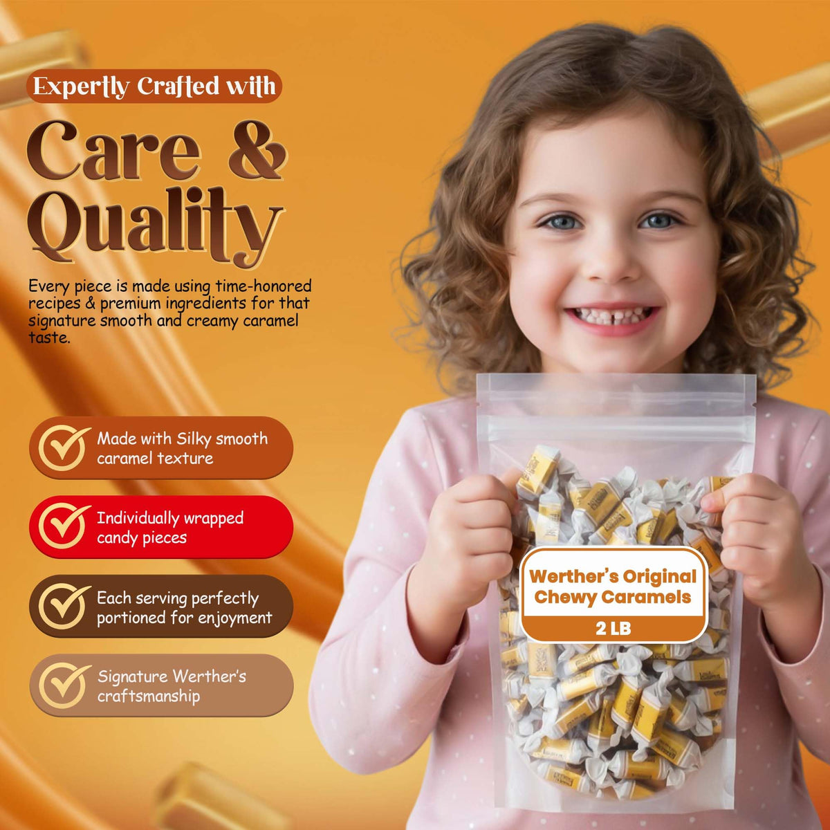 Hominics Werther's Soft Chewy Caramel Candy — 2 lb Bag, Individually Wrapped
