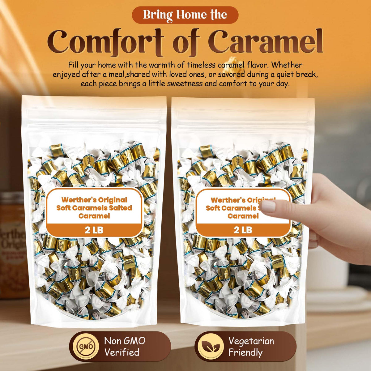 Hominics Werther's Soft Salted Caramel Filled Candy – 2lb Bag, Indivdually Wrapped