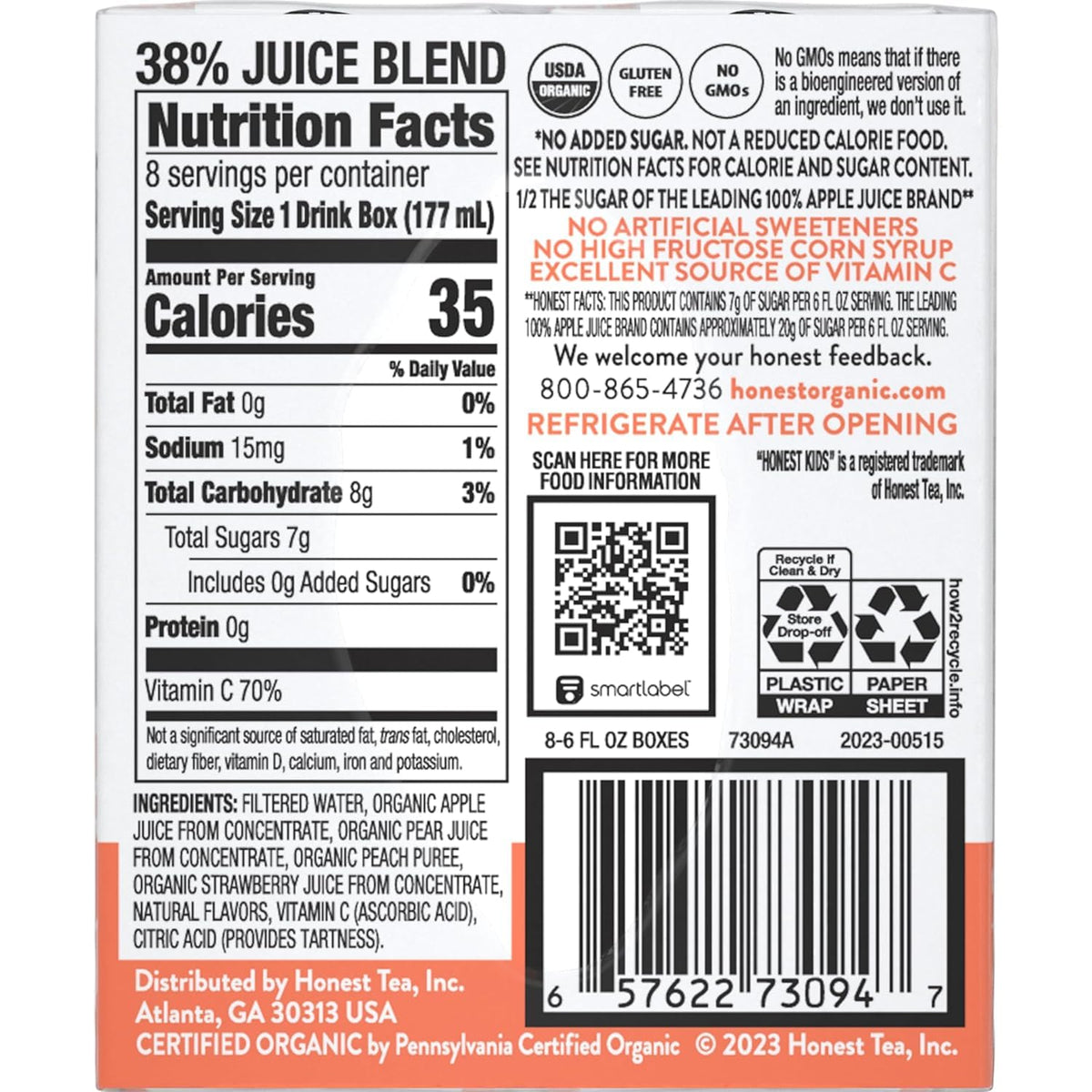 Honest Kids Strawberry Peachy Keen Cartons – 6 fl oz, 8 Pack, 5 Sets | Organic Juice for Kids