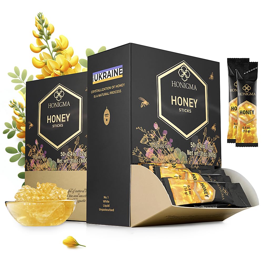 HONIGMA Pure Ukrainian Acacia Honey Sticks – 50 Count Pack (2-Pack) – Sustainably Sourced Natural Energy Snack