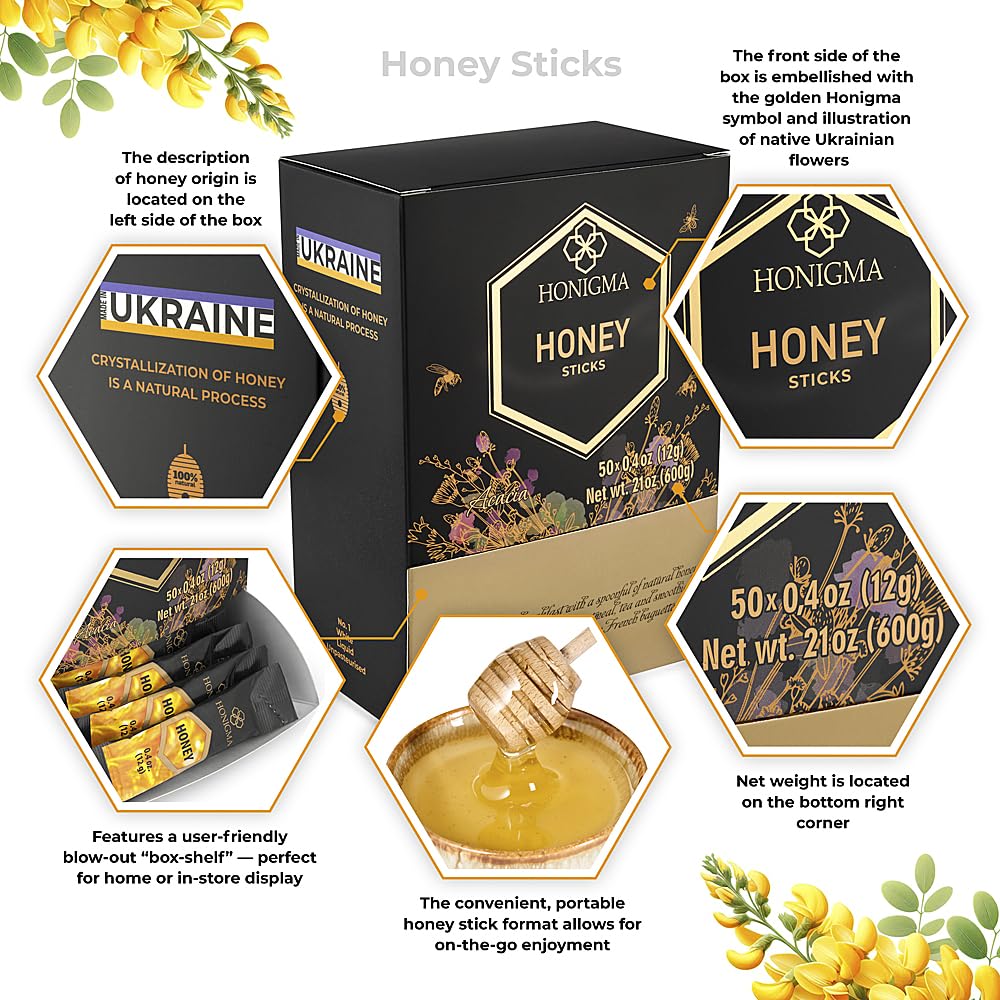 HONIGMA Pure Ukrainian Acacia Honey Sticks – 50 Count Pack (2-Pack) – Sustainably Sourced Natural Energy Snack