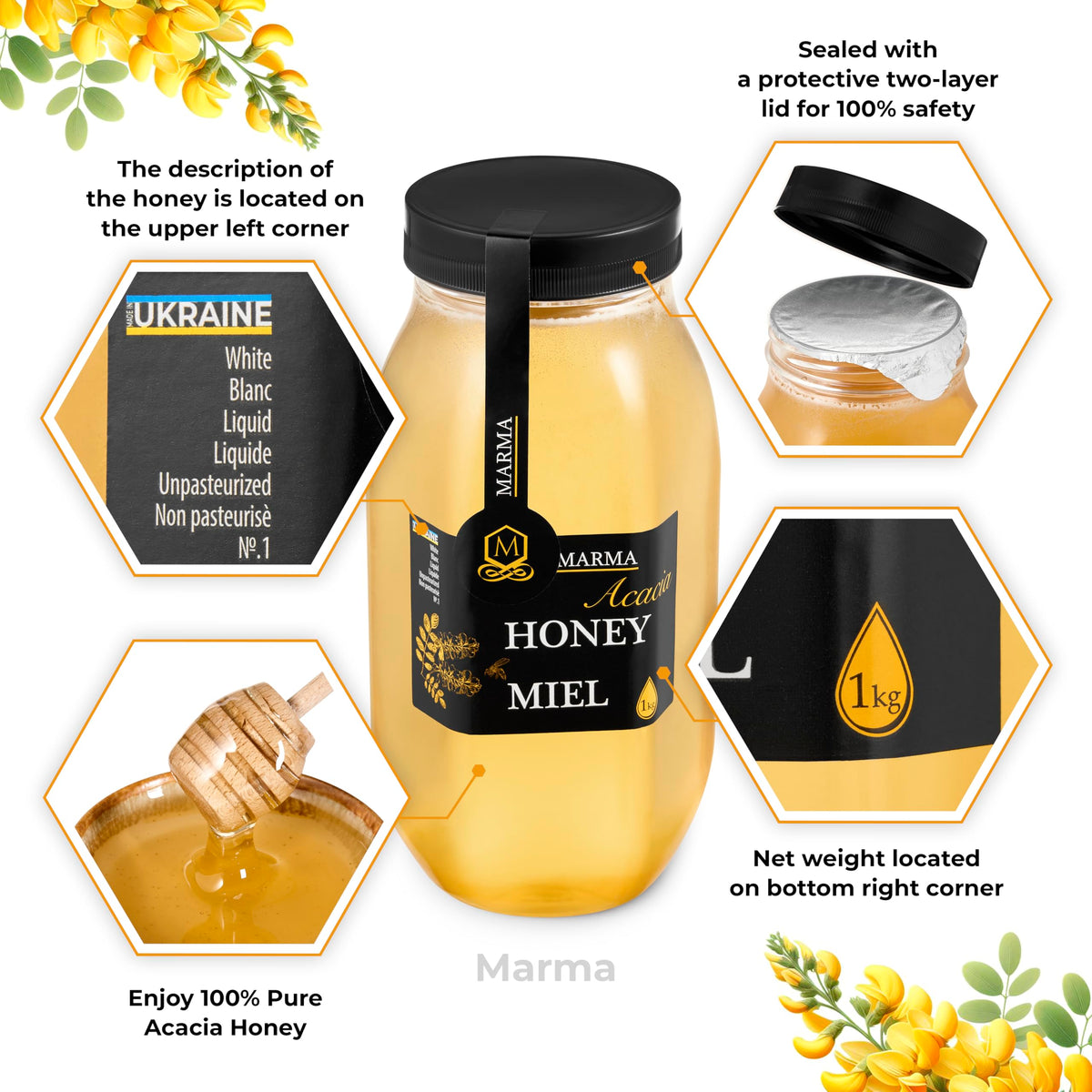 HONIGMA Marma Acacia Honey - Raw Ukrainian Honey - 1000g / 35.2oz - Pure & Unpasteurized