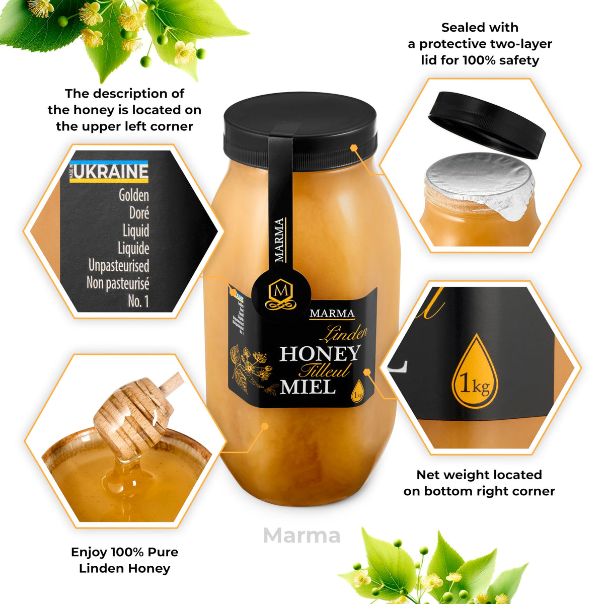 HONIGMA Marma Linden Honey — 1000g Raw Ukrainian Honey, Crystallized Texture