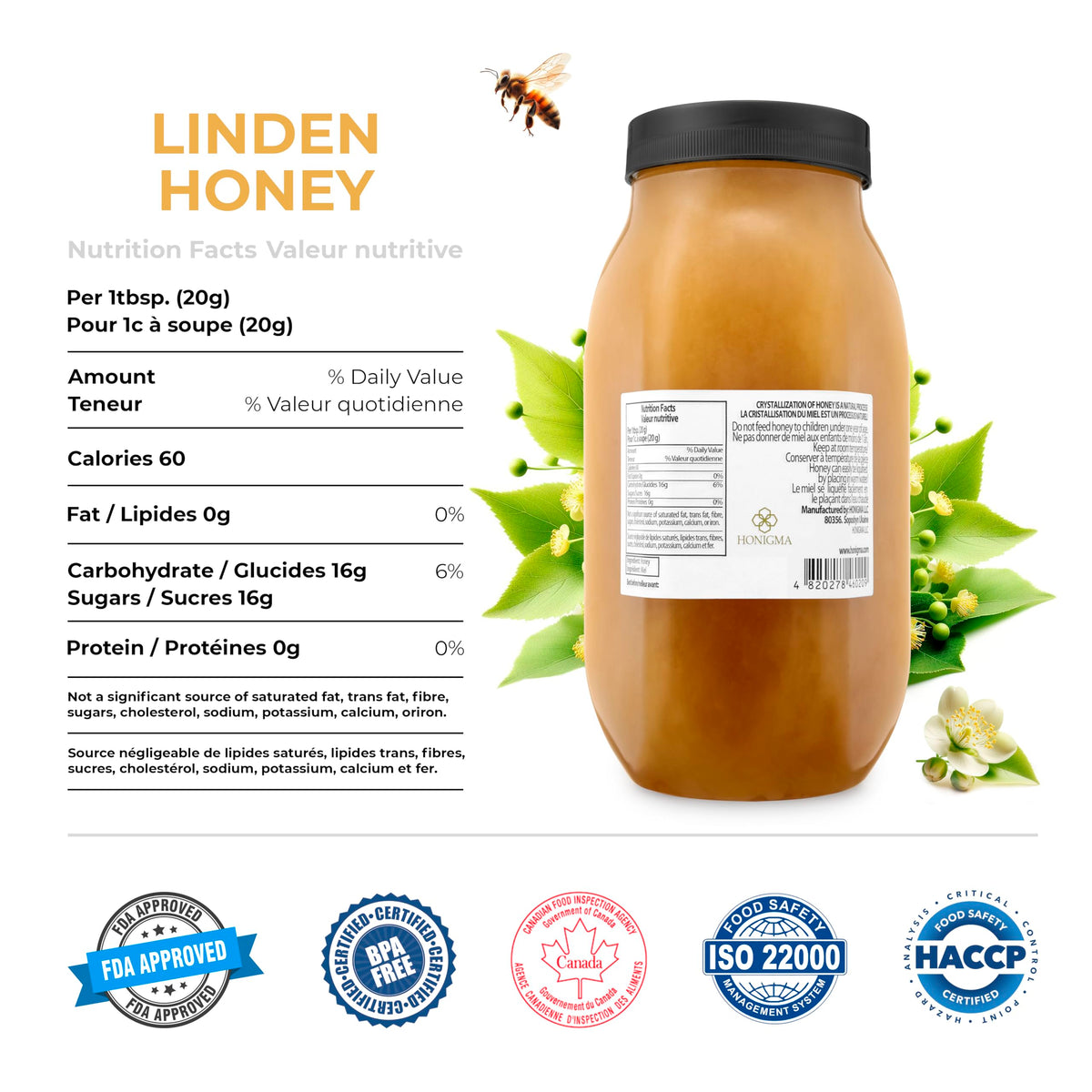 HONIGMA Marma Linden Honey — 1000g Raw Ukrainian Honey, Crystallized Texture