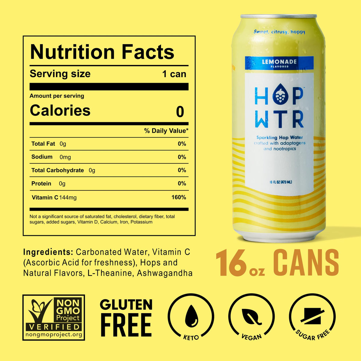 HOP WTR Lemonade Sparkling Hop Water – 12 Pack, Zero Calories, Low Carb