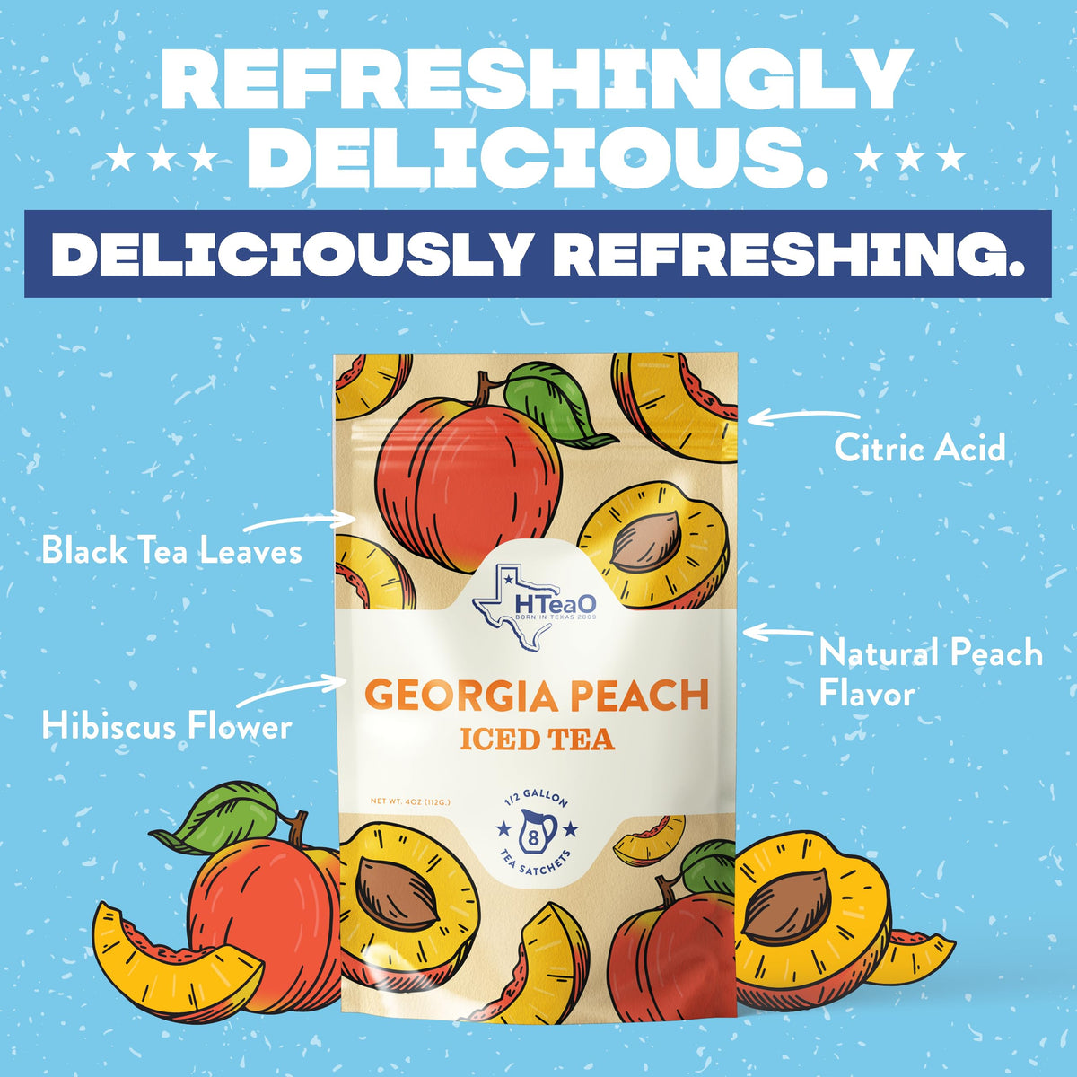 HTEAO Georgia Peach & Hibiscus Black Tea Packets – 8 Gallons, 5-Minute Texas-Style Iced Tea