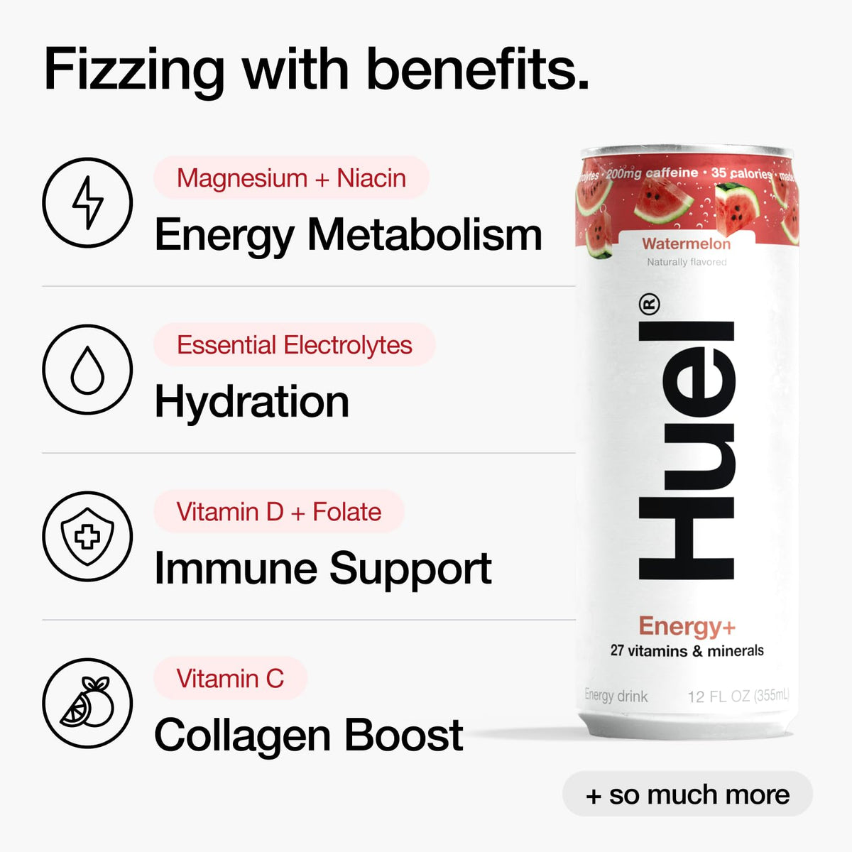 Huel Energy+ Watermelon Energy Drink – Plant-Based, 200mg Caffeine, 27 Vitamins & Minerals | 35 Calories per 12 FL Oz, 12 Pack