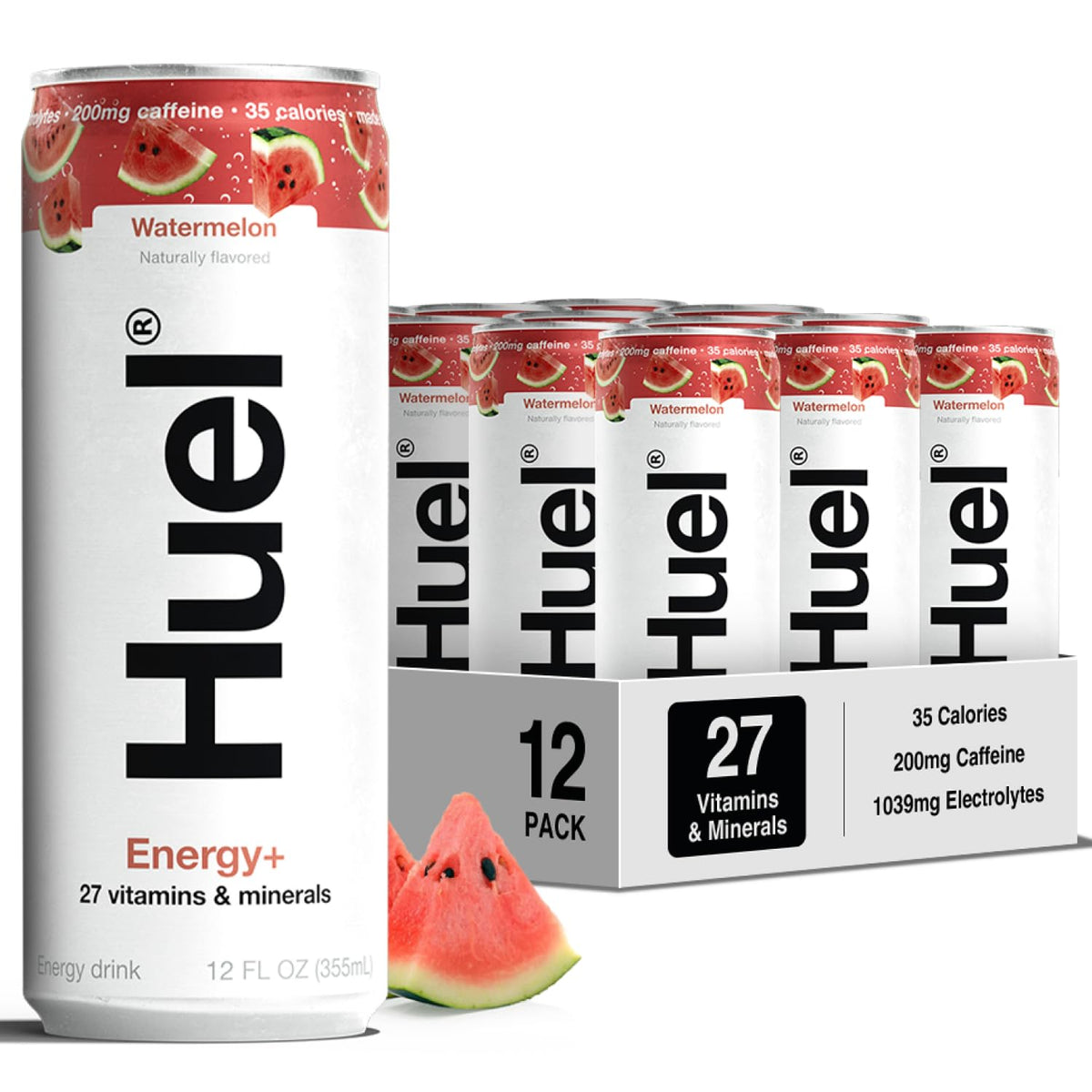 Huel Energy+ Watermelon Energy Drink – Plant-Based, 200mg Caffeine, 27 Vitamins & Minerals | 35 Calories per 12 FL Oz, 12 Pack