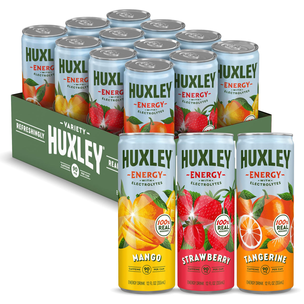 Huxley Variety Pack Energy Drink – 90mg Natural Caffeine, Clean Energy, 5g Sugar | Real Fruit Juice | Plant-Based (Pack of 12)