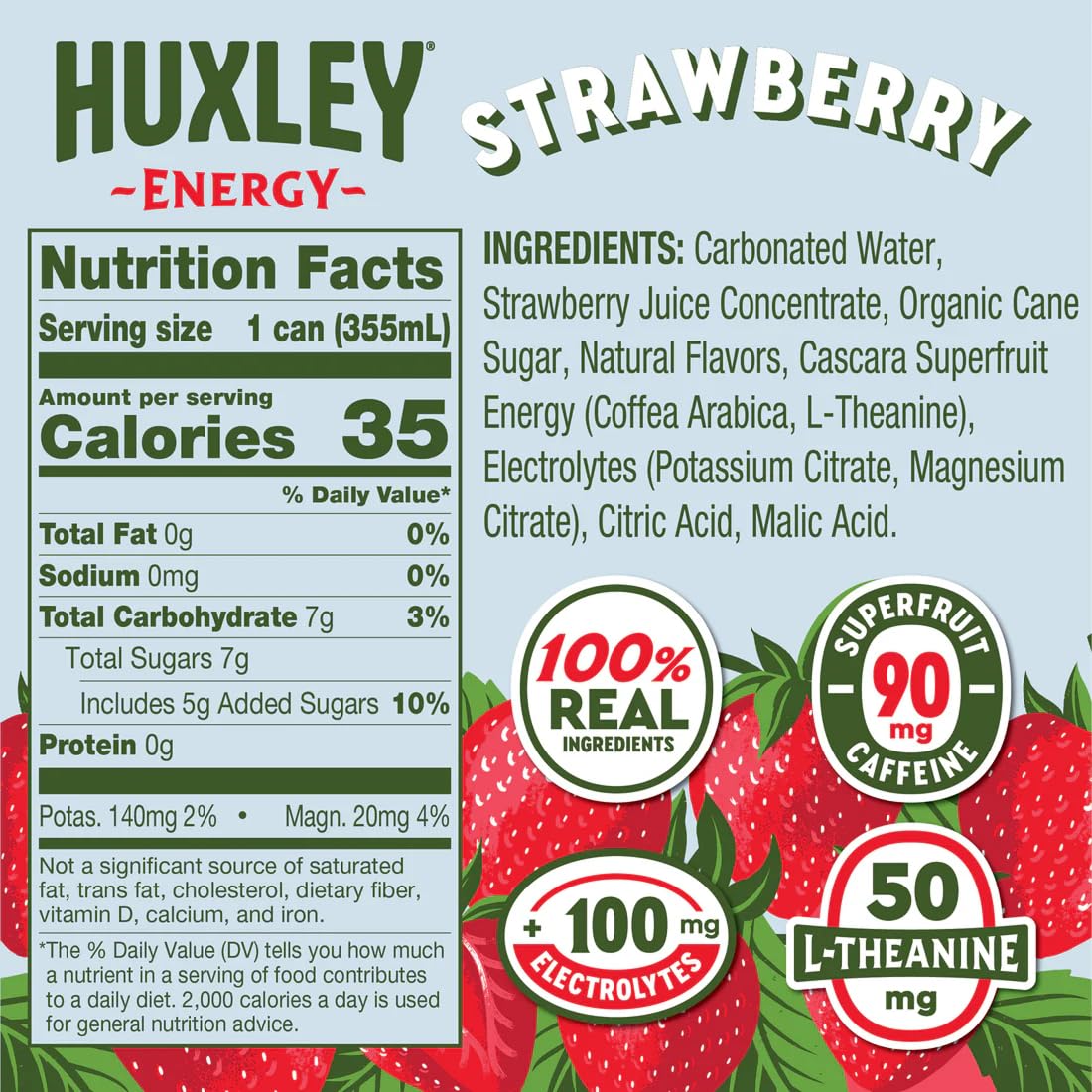 Huxley Variety Pack Energy Drink – 90mg Natural Caffeine, Clean Energy, 5g Sugar | Real Fruit Juice | Plant-Based (Pack of 12)