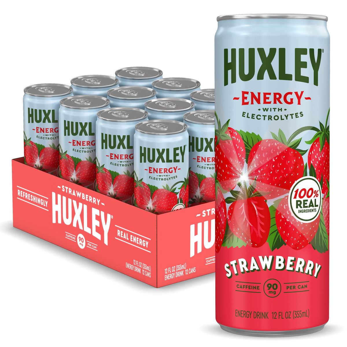Huxley Strawberry Energy Drink – 90mg Natural Caffeine, No Crash | 12 Pack