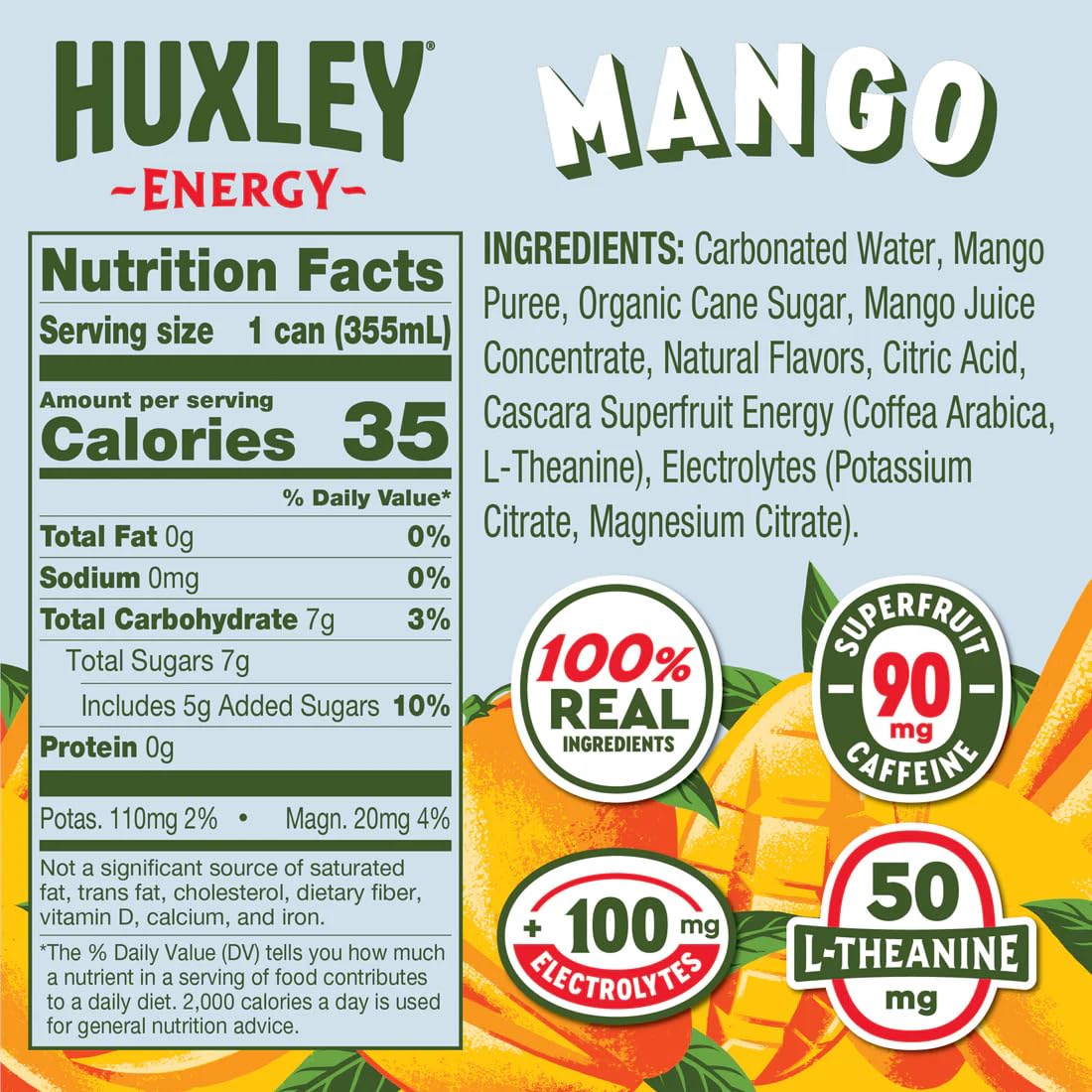 Huxley Variety Pack Energy Drink – 90mg Natural Caffeine, Clean Energy, 5g Sugar | Real Fruit Juice | Plant-Based (Pack of 12)