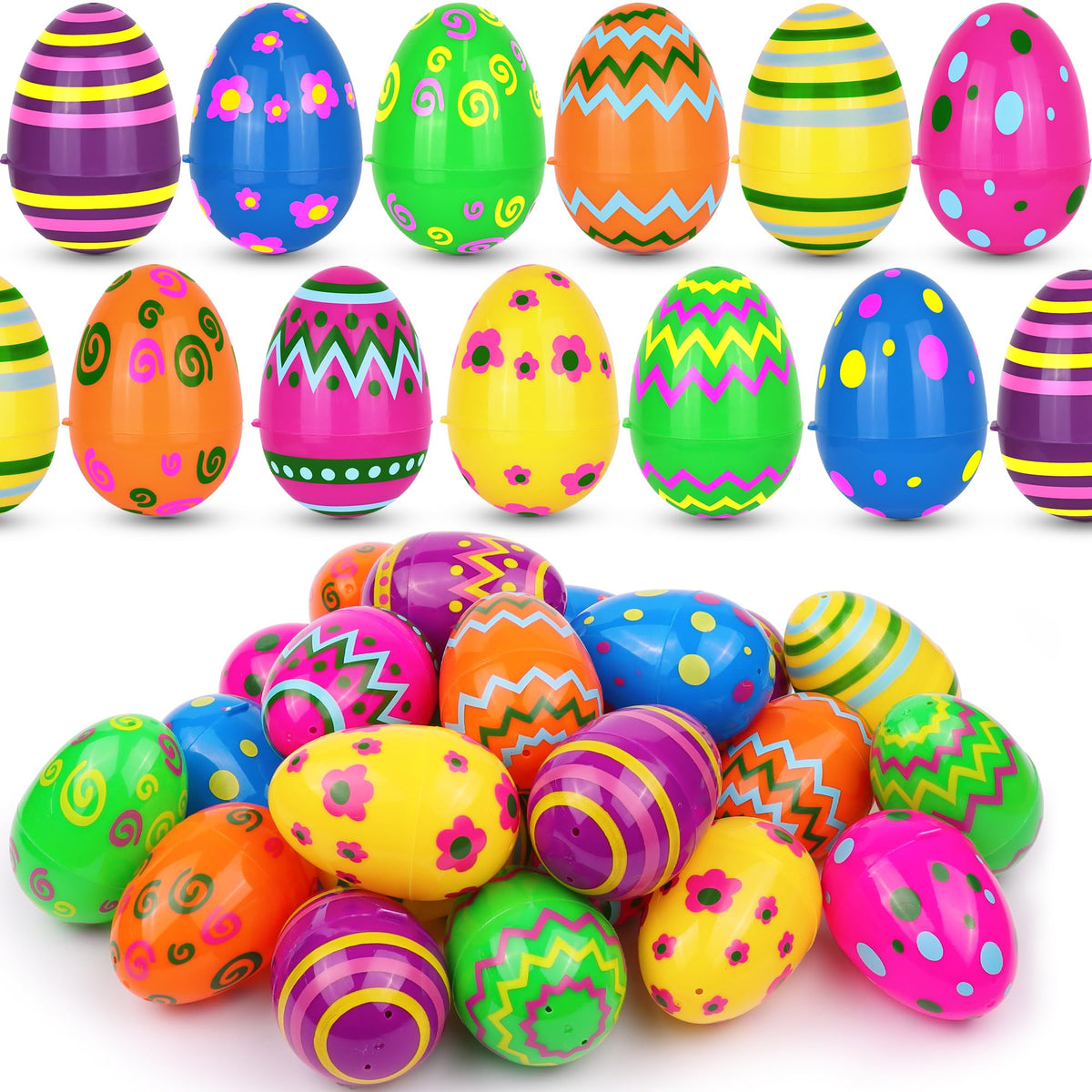Huyamap 60pcs 3.1-Inch Plastic Easter Eggs - Bright Printed Fillable & Reusable for Egg Hunts