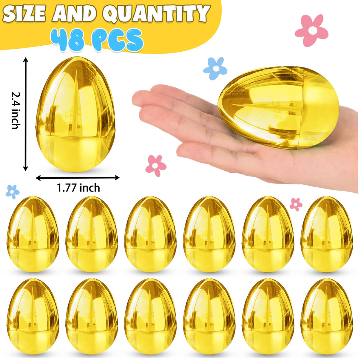 Huyamap 48-Piece Golden Easter Eggs • 2.4-Inch Shiny Fillable Plastic Eggs for Hunts