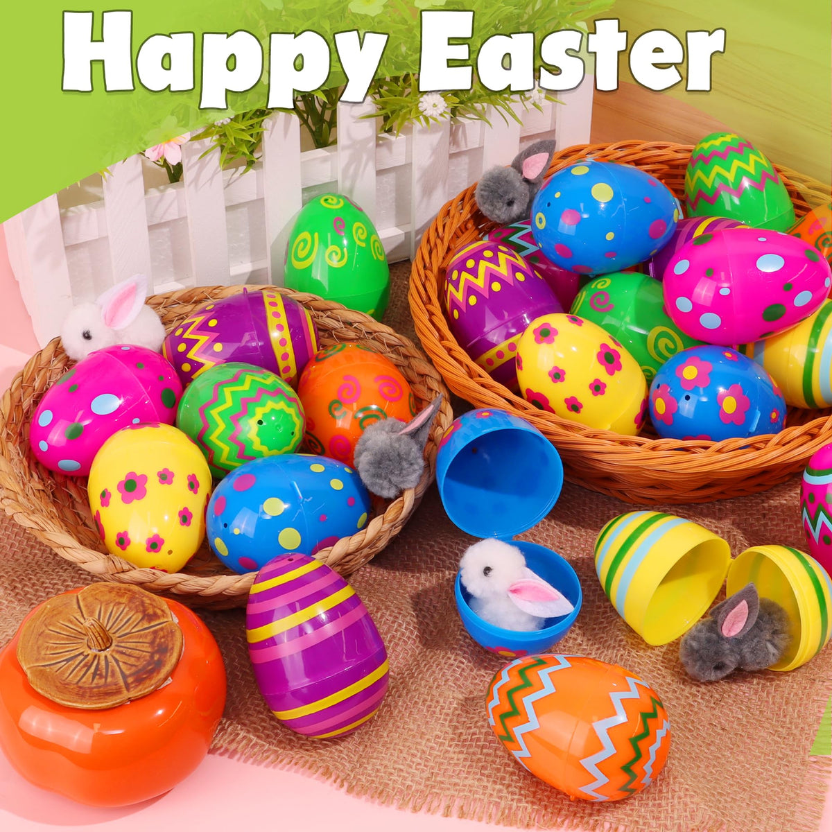 Huyamap 60pcs 3.1-Inch Plastic Easter Eggs - Bright Printed Fillable & Reusable for Egg Hunts