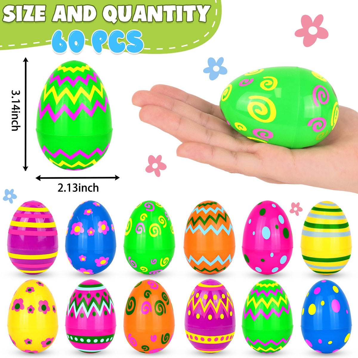Huyamap 60pcs 3.1-Inch Plastic Easter Eggs - Bright Printed Fillable & Reusable for Egg Hunts
