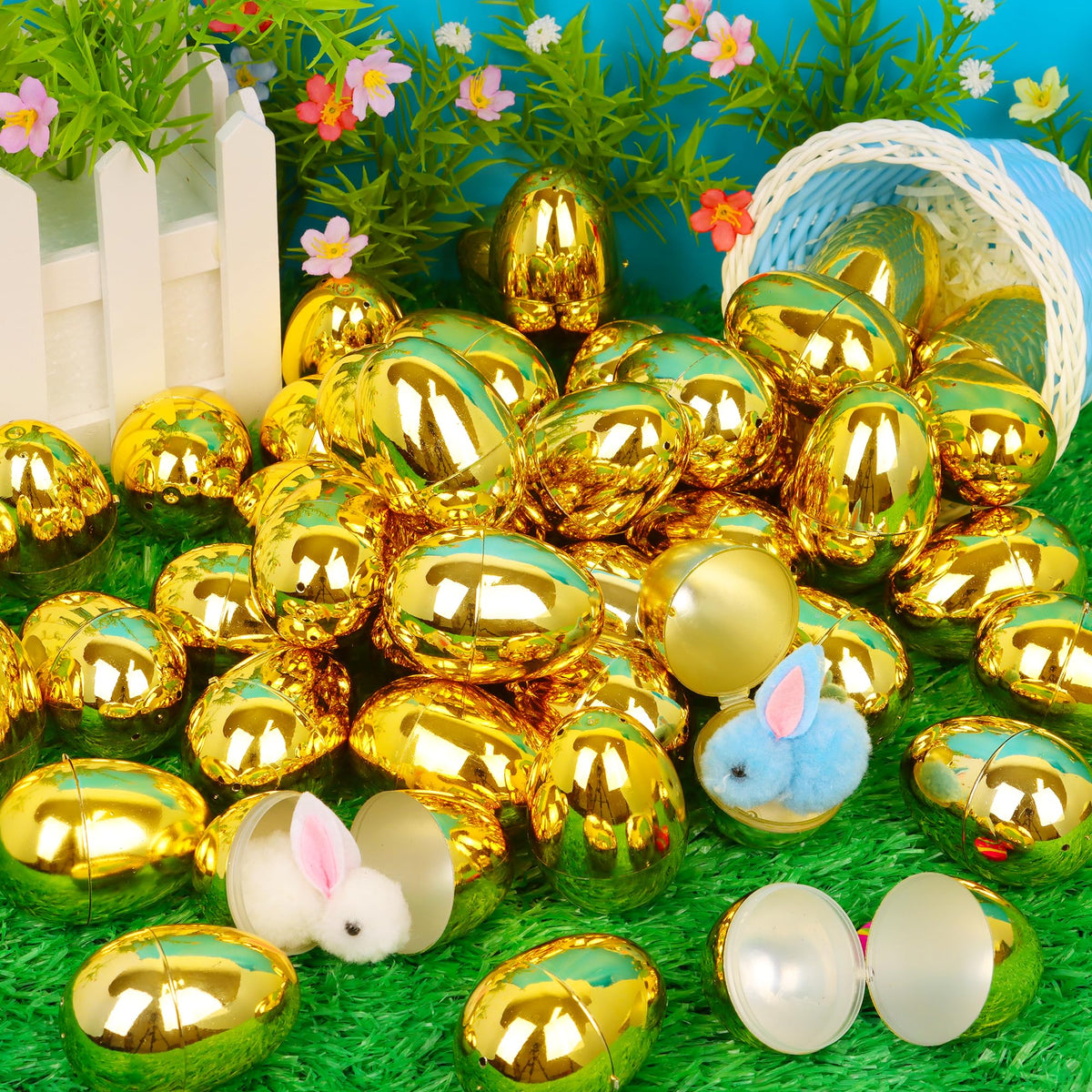 Huyamap 48-Piece Golden Easter Eggs • 2.4-Inch Shiny Fillable Plastic Eggs for Hunts