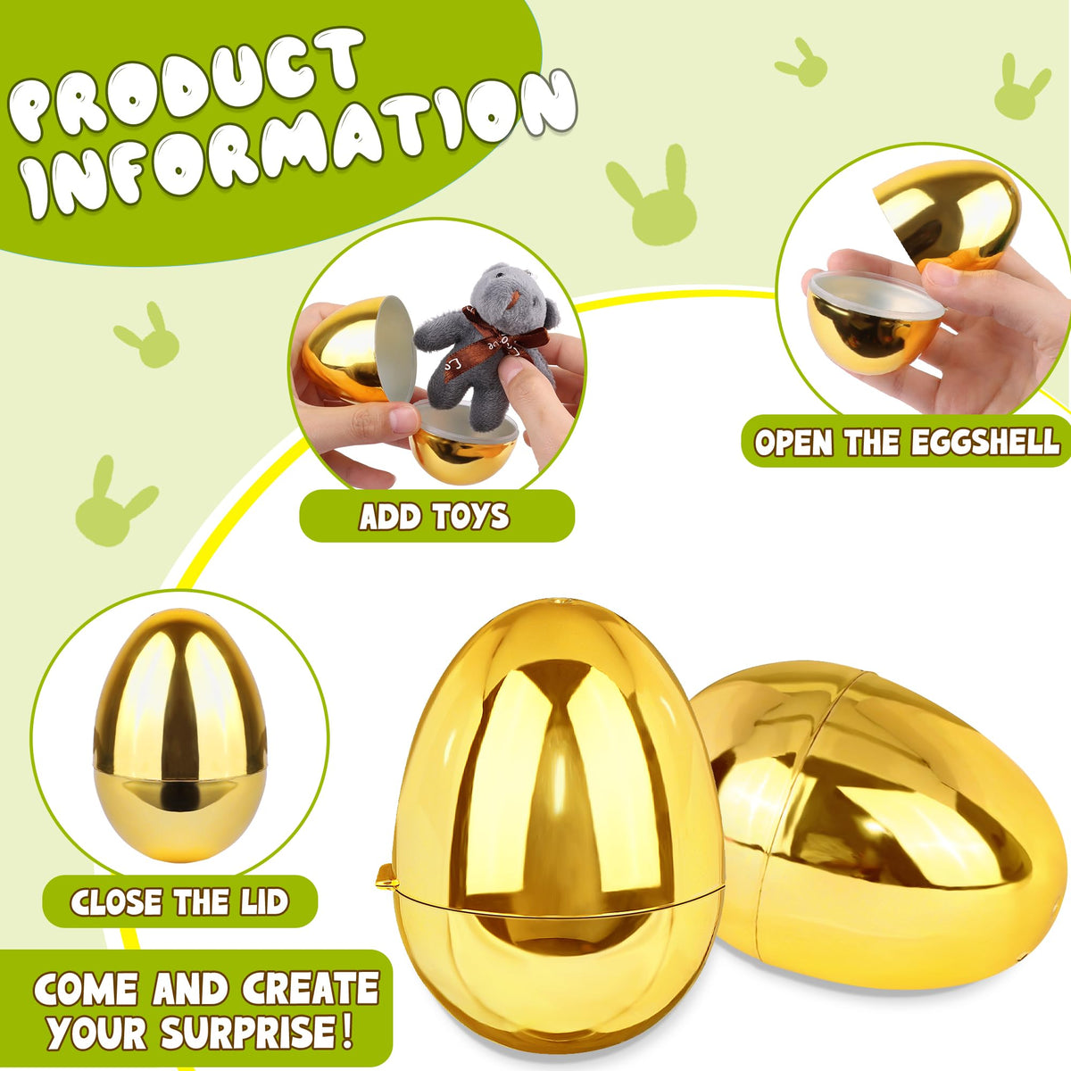 Huyamap 48-Piece Golden Easter Eggs • 2.4-Inch Shiny Fillable Plastic Eggs for Hunts