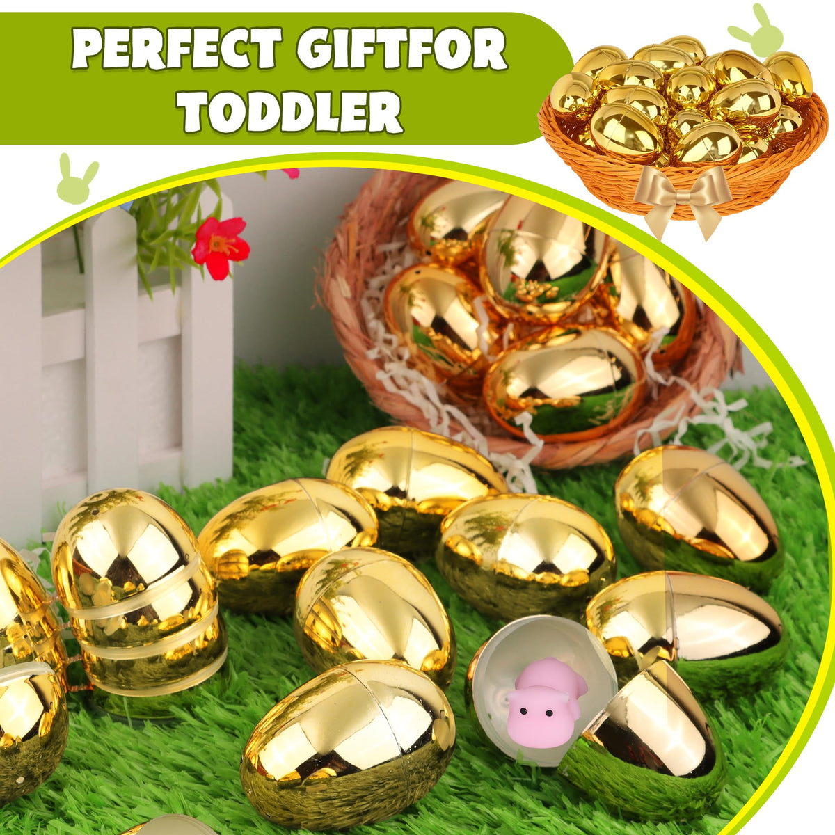 Huyamap 48-Piece Golden Easter Eggs • 2.4-Inch Shiny Fillable Plastic Eggs for Hunts