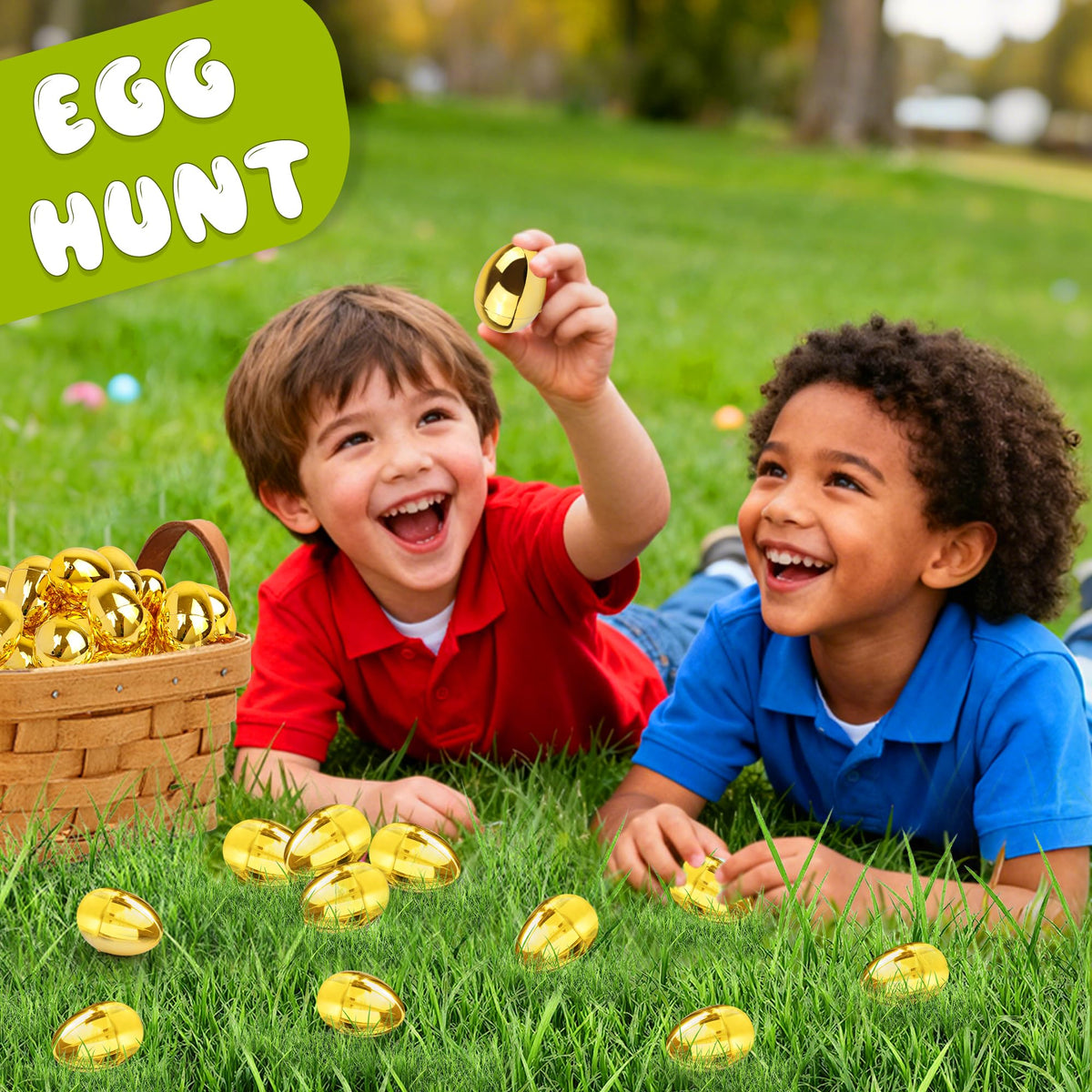 Huyamap 48-Piece Golden Easter Eggs • 2.4-Inch Shiny Fillable Plastic Eggs for Hunts