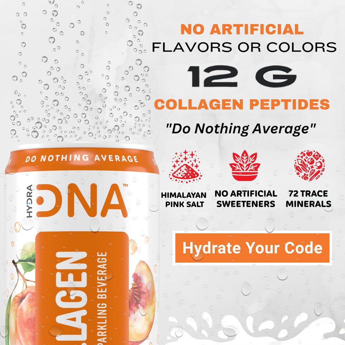 HYDRADNA Sparkling Liquid Collagen Water – Georgia Peach, Sugar-Free, Keto-Friendly, Gluten-Free (12 Pack)