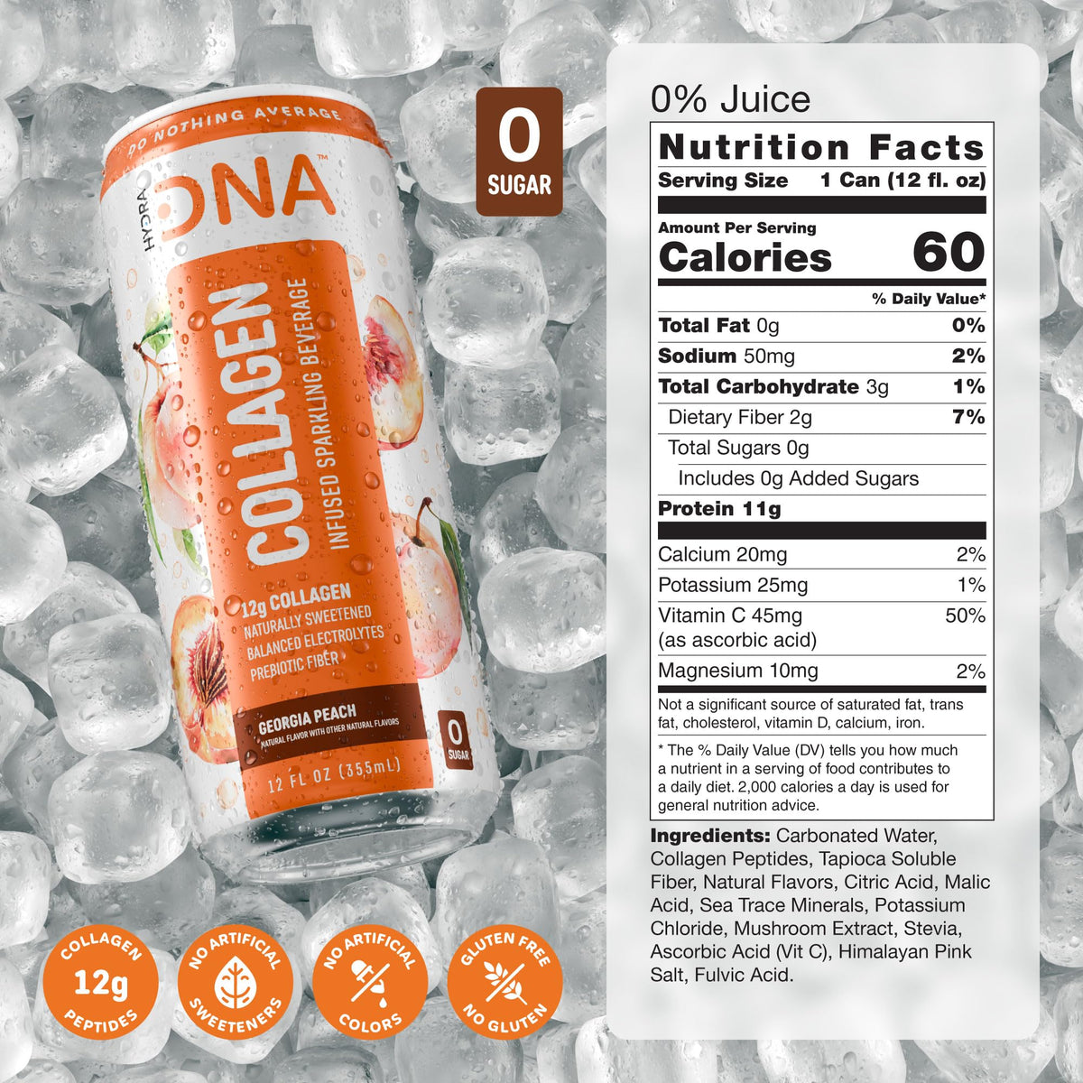 HYDRADNA Sparkling Liquid Collagen Water – Georgia Peach, Sugar-Free, Keto-Friendly, Gluten-Free (12 Pack)