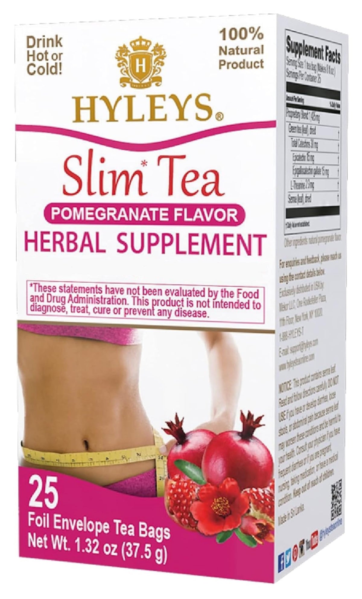 Hyleys Slim Tea Pomegranate Flavor – Weight Management Herbal Tea, Detox & Digestion Support, 25 Tea Bags (6 Pack)