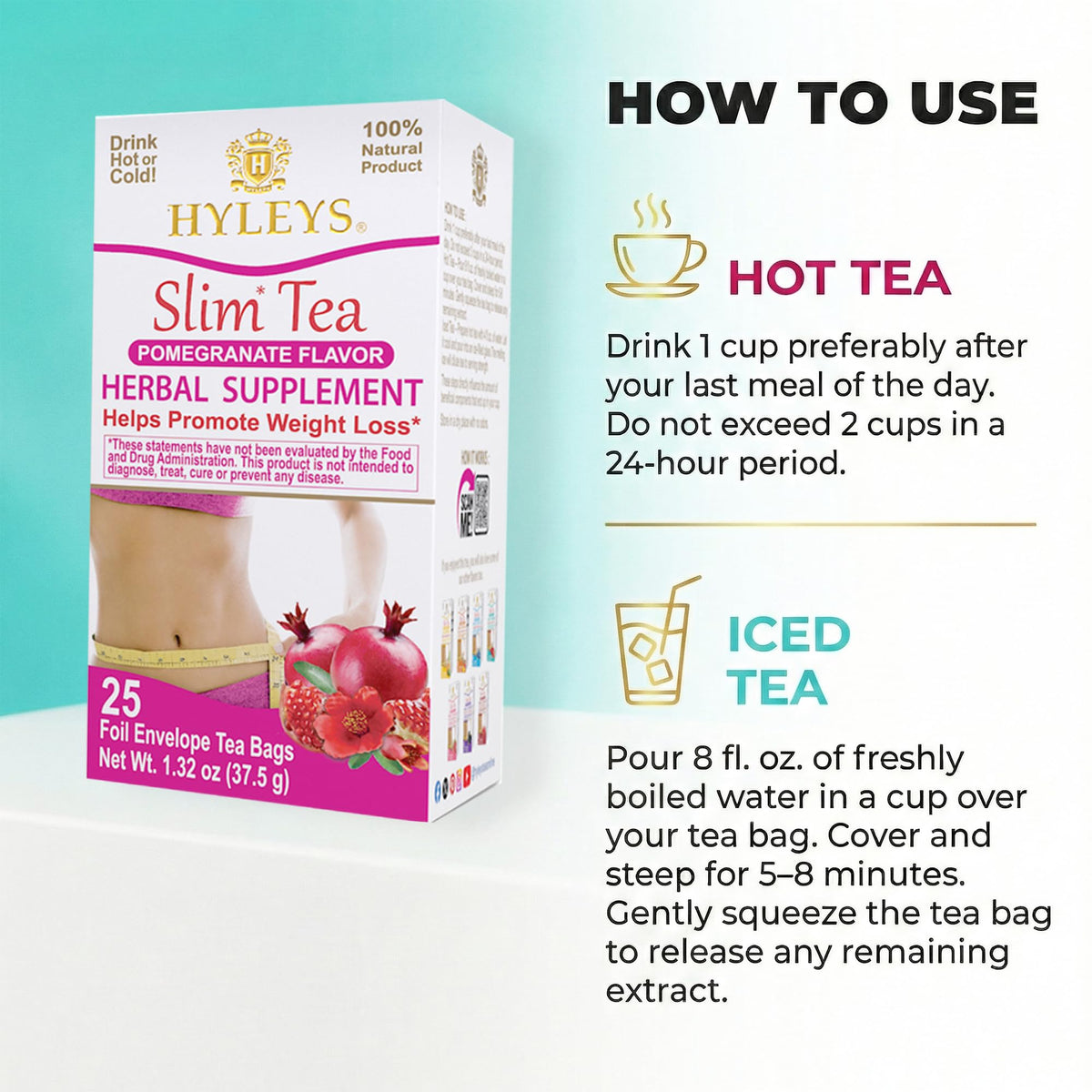 Hyleys Slim Tea Pomegranate Flavor – Weight Management Herbal Tea, Detox & Digestion Support, 25 Tea Bags (6 Pack)
