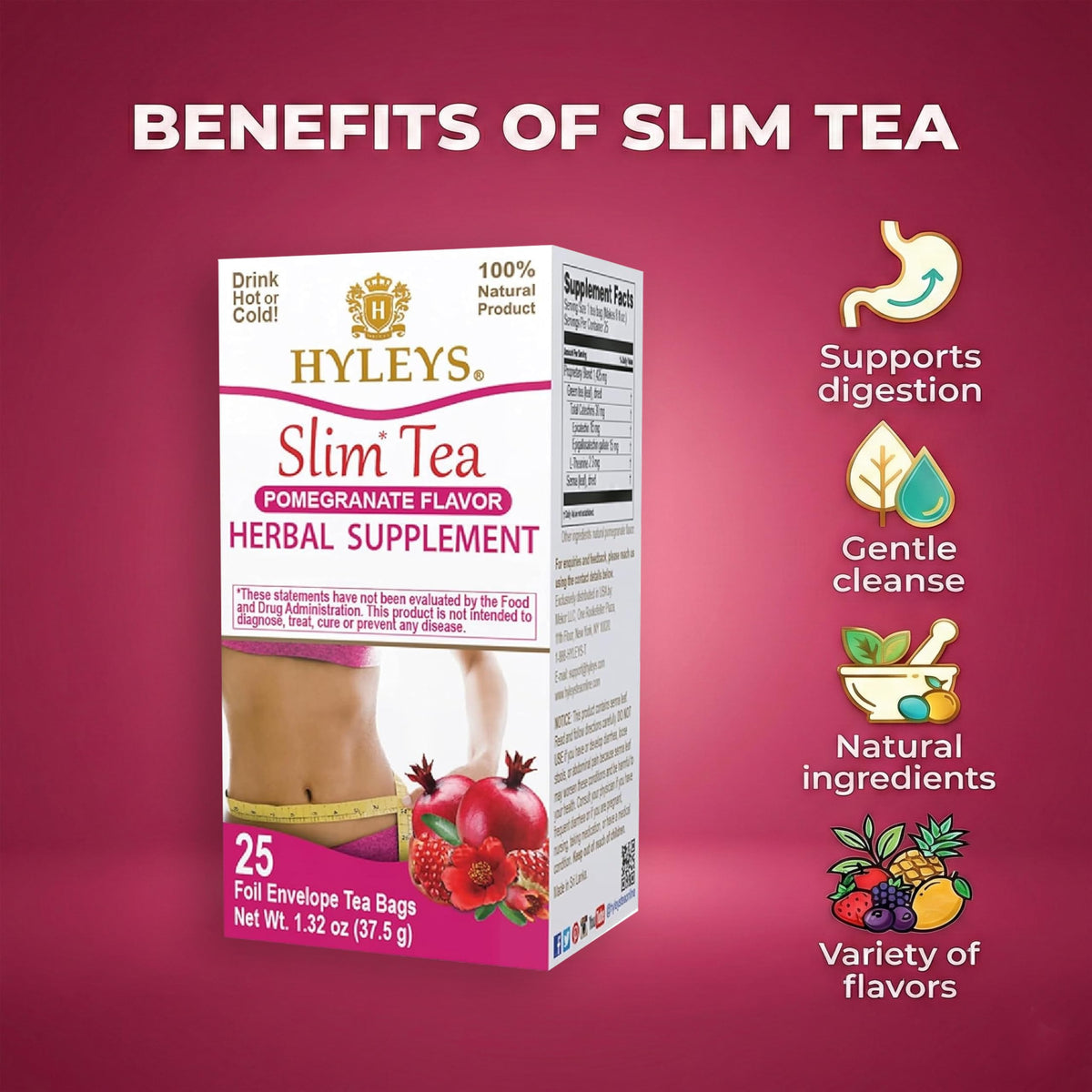 Hyleys Slim Tea Pomegranate Flavor – Weight Management Herbal Tea, Detox & Digestion Support, 25 Tea Bags (6 Pack)
