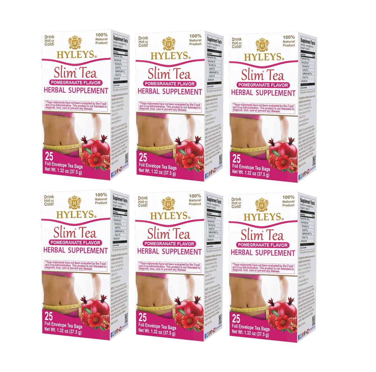 Hyleys Slim Tea Pomegranate Flavor – Weight Management Herbal Tea, Detox & Digestion Support, 25 Tea Bags (6 Pack)