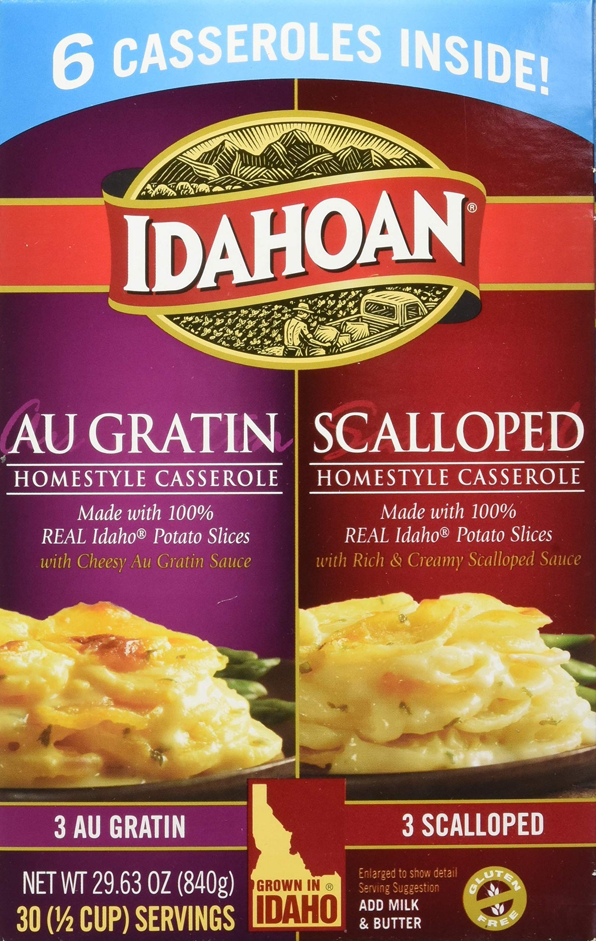 Idahoan Au Gratin & Scalloped Homestyle Casserole Potatoes — Gluten-Free Real Idaho Potatoes, 6-Box Combo (30 Servings)